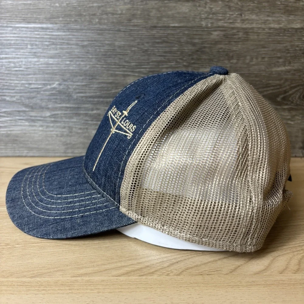 Bay St Louis Hat Cap Snap Back Blue Denim Tan Mesh Trucker Embroidered Mens